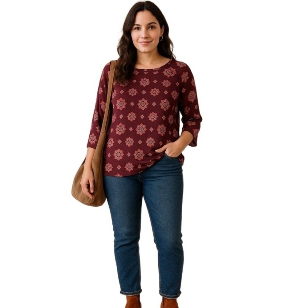 Papermoon Blouse Womens M Burgundy Medallion Print Blouse Boho Top 3/4 Sleeve